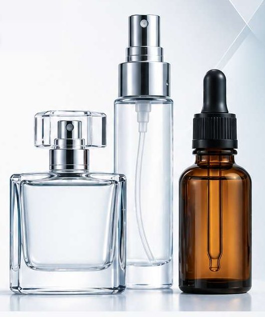 Frasco de perfume, frasco spray e frasco âmbar com gotejador